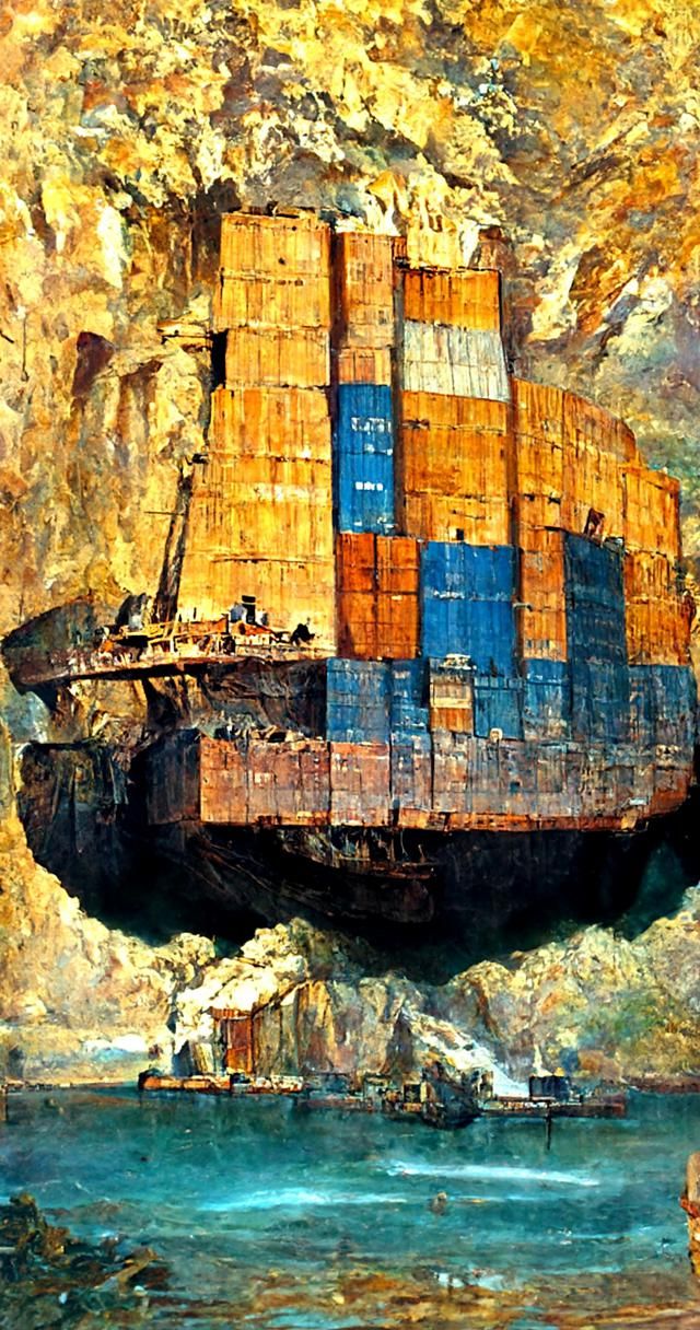 a wreck of a huge container ship inside a quarry in the styl...