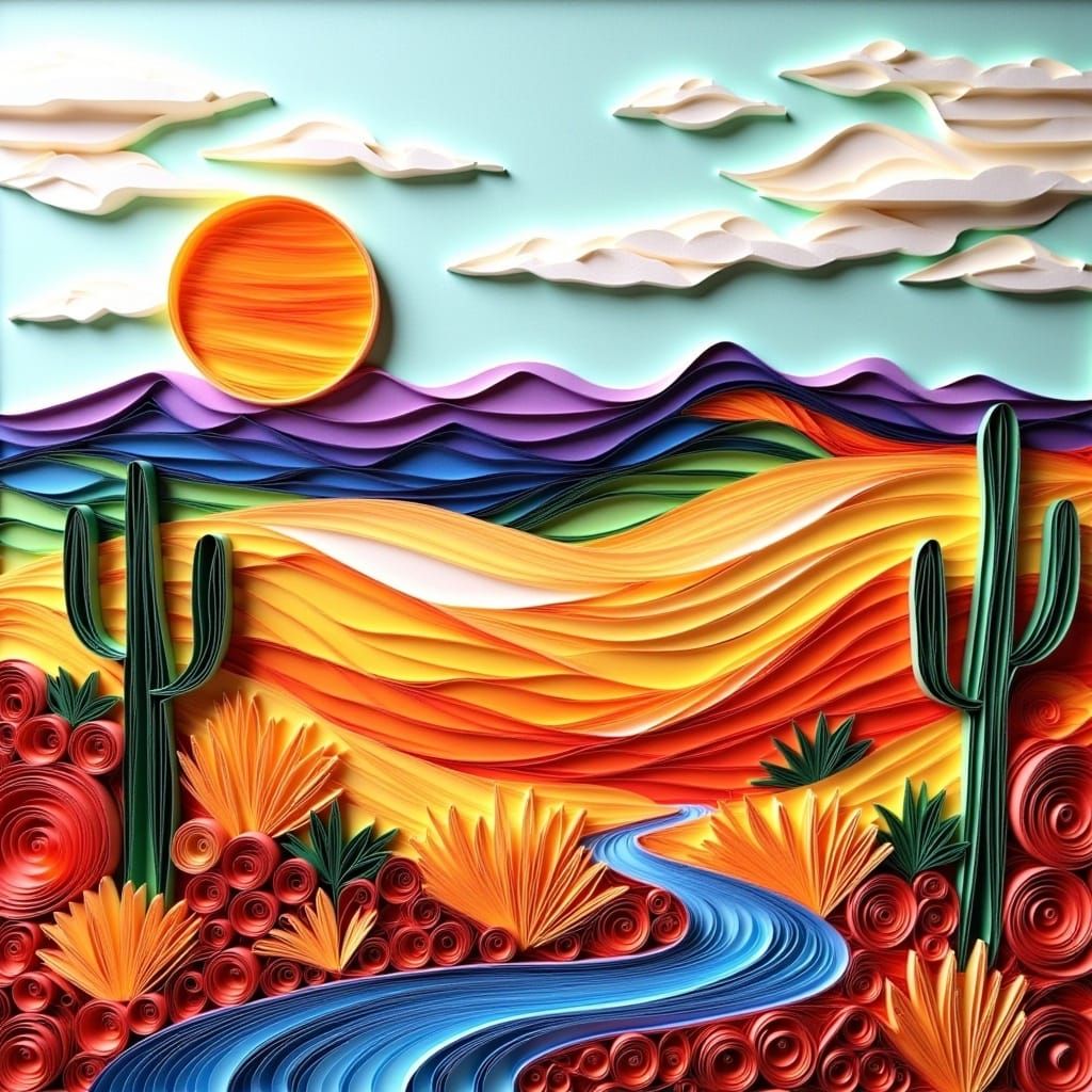<lora:Quilling Flux:1.0> A beautiful desert landscape, quilling