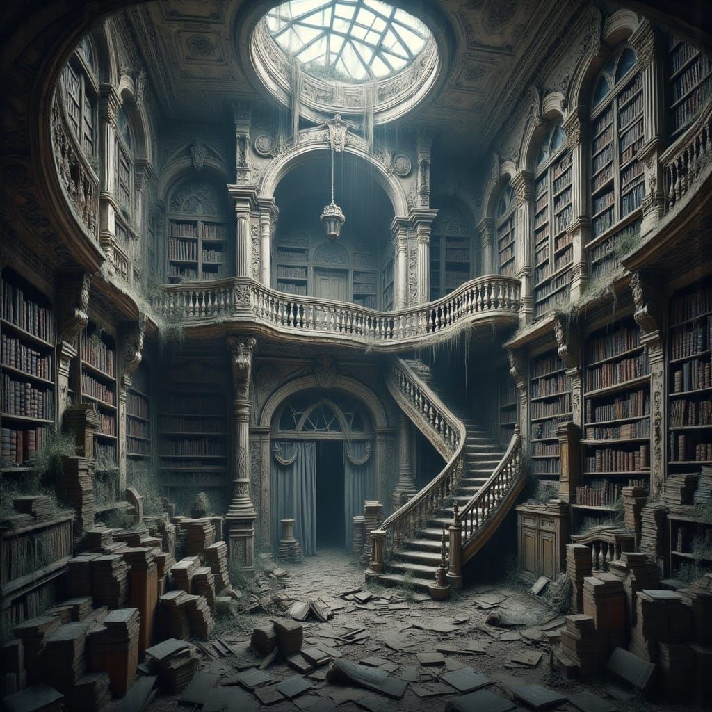 <lora:Abandoned for Flux:1.0>interior of an abandoned library auditorium.