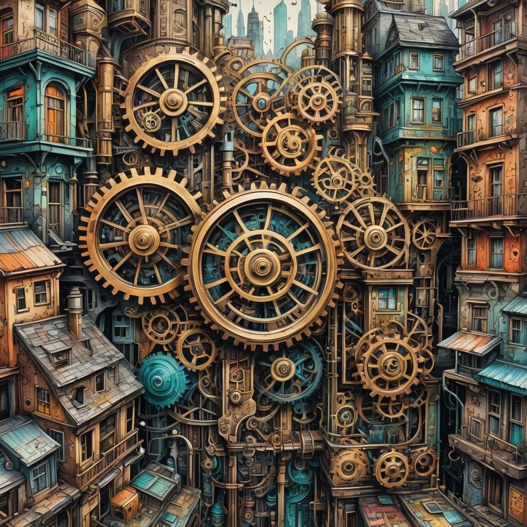 A fantastical cityscape where buildings and structures are m...