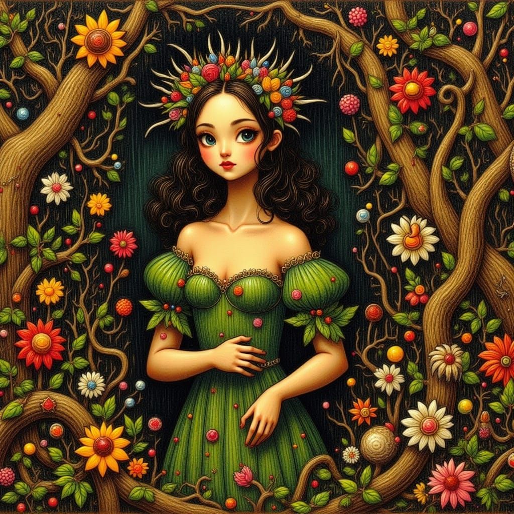 <lora:StoryFlux:1.0>Renaissance impasto oil painting. clasic oil technique of painting, the dryad in the complex maximalist  forest portrai...