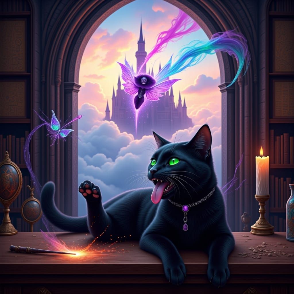 A sleek black cat with piercing emerald eyes and a playful grin, sticking its tongue out, lounges on a mystical wooden counter. A glowing wa...