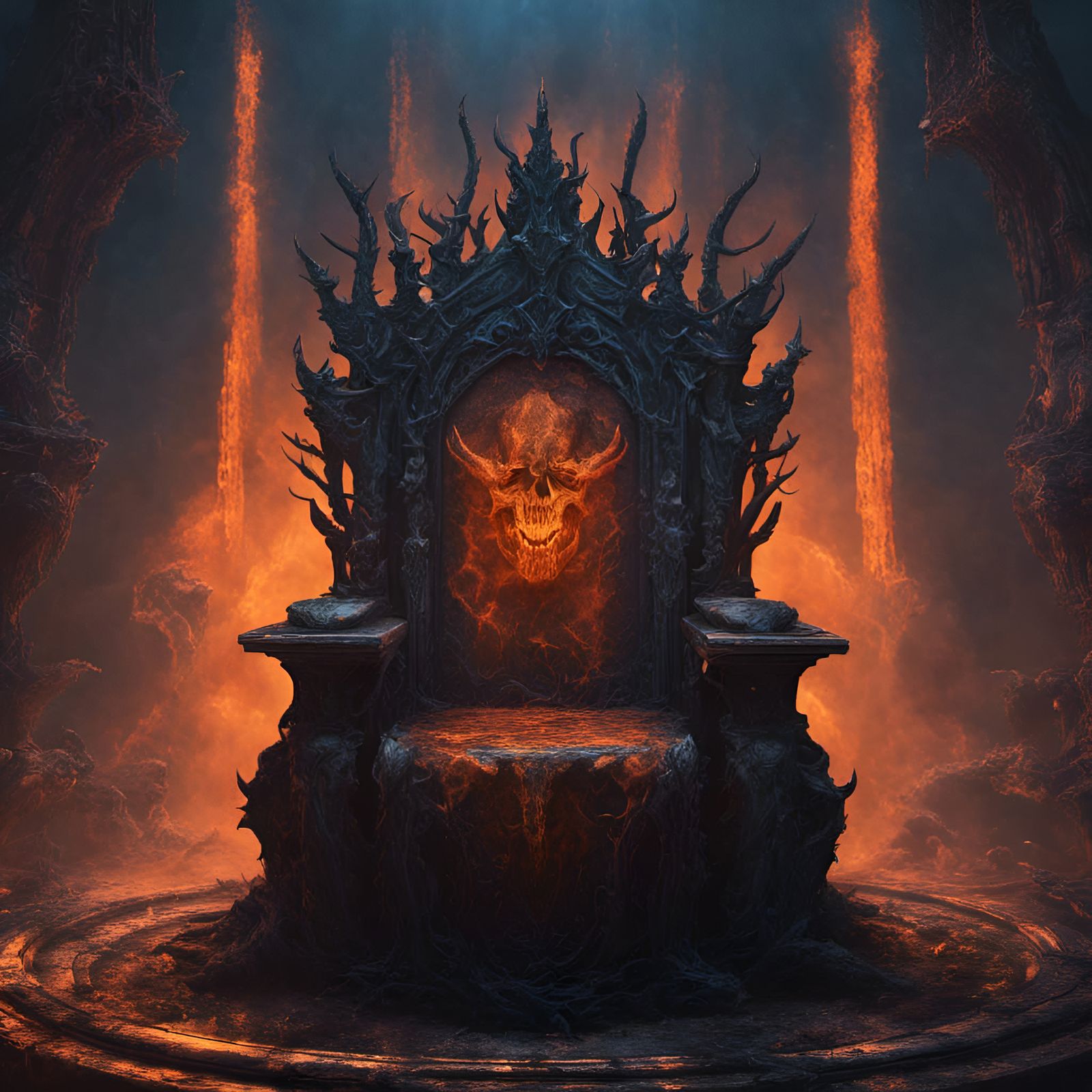 satanic throne in hell,blue and black,orange mist in the style of Eerie ...