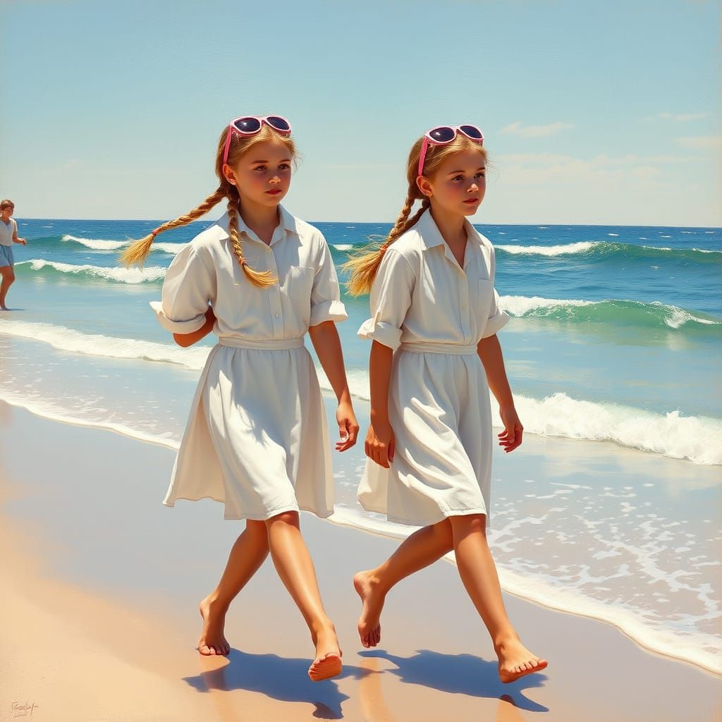 Twin Sisters Stroll Along Impressionist Beach