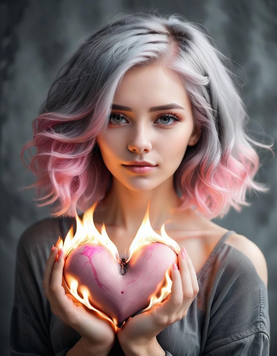 The burning heart of a beautiful woman with pink gray hair