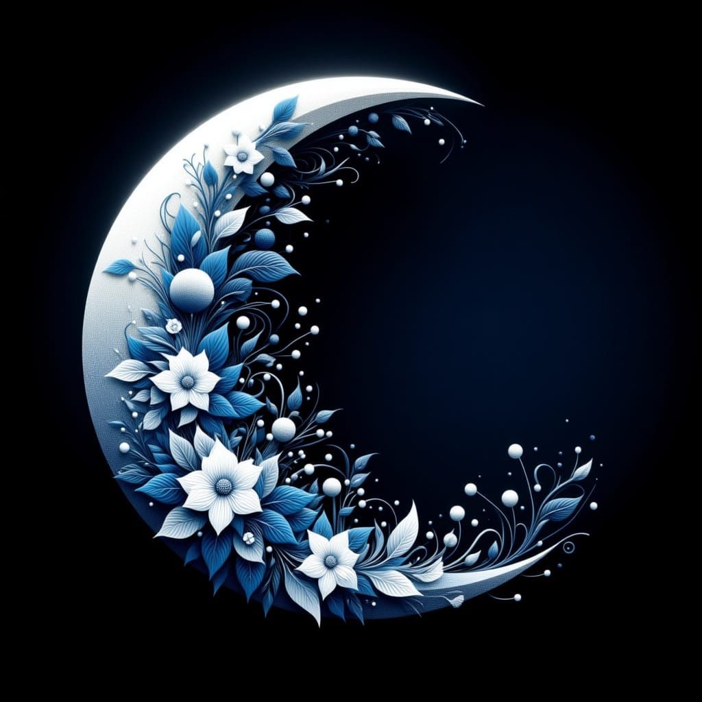 <lora:Mrs H-Crescent Moons:1.0> Create a beautiful navy blue crescent Moon with a stunning vibrant white and navy floral decor in a Ying Yan...