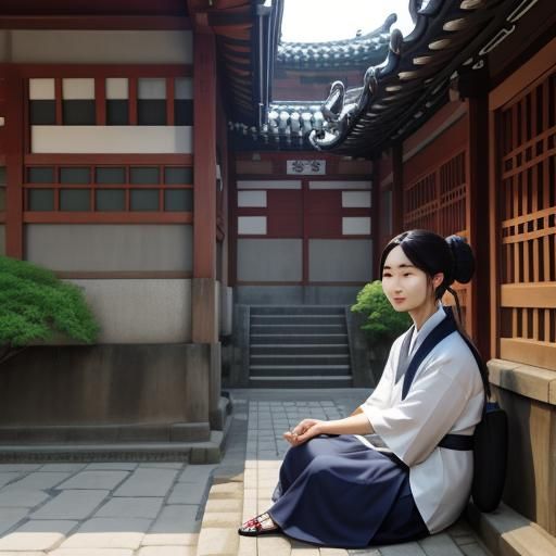 Young Korean Woman Sitting In The Courtyard Of A Hanok - Ai Generated 