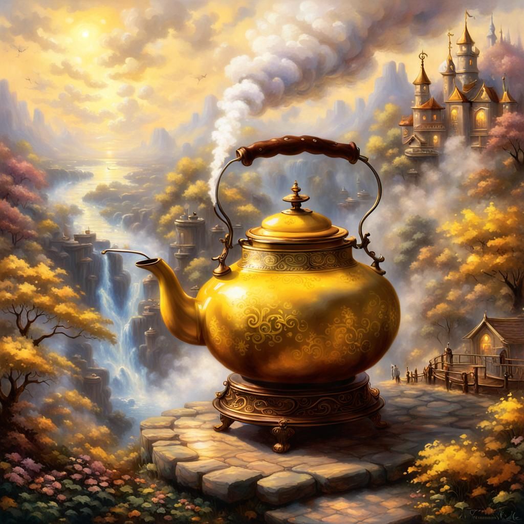 Yellow and brown theme, 1 brown kettle with yellow steam   B...