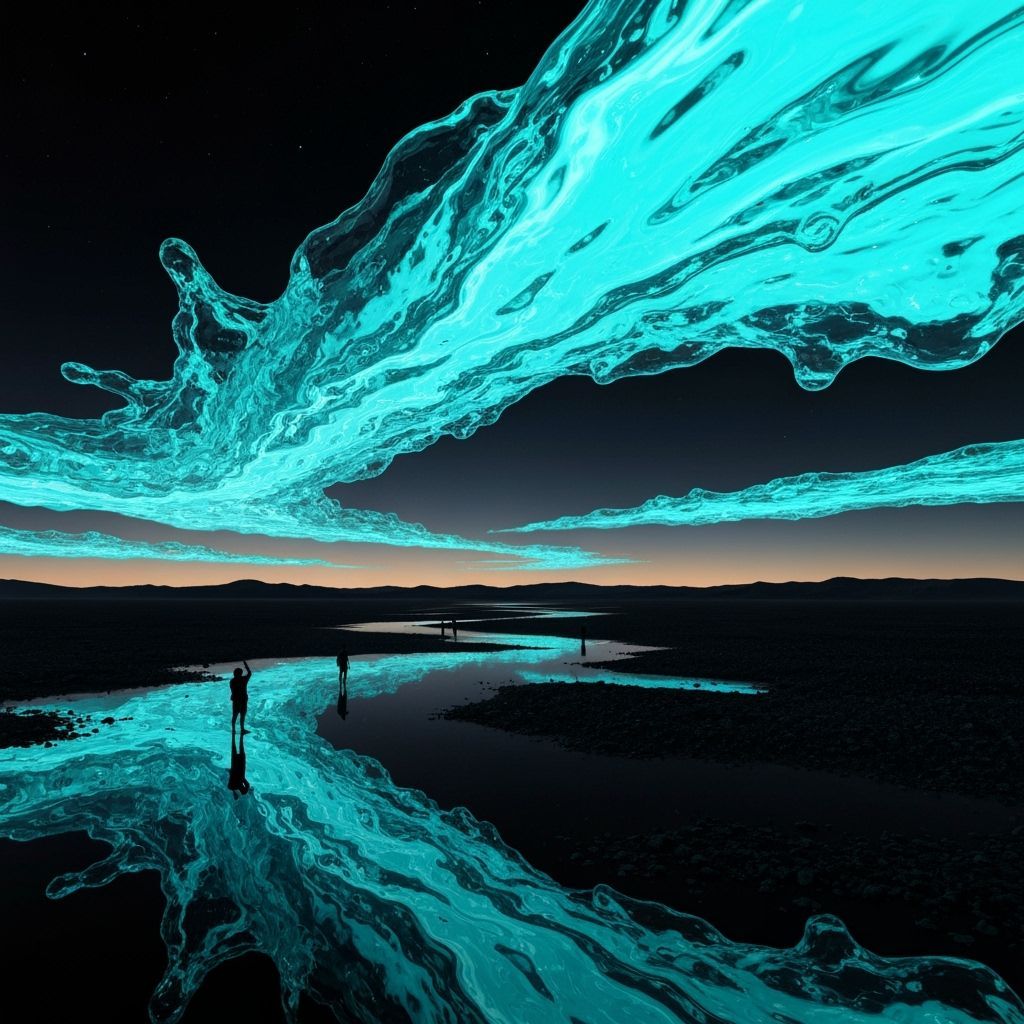 Surreal Glass River Flows in Alien Desert Sky