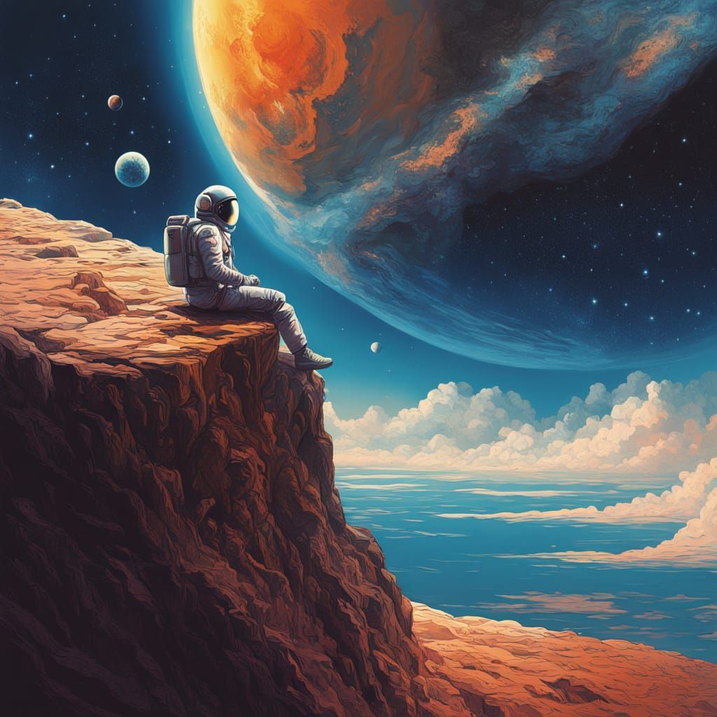 The image shows a lone astronaut sitting on the edge of a cliff in outer space. He is wearing a spacesuit, and his helmet reflects bright li...