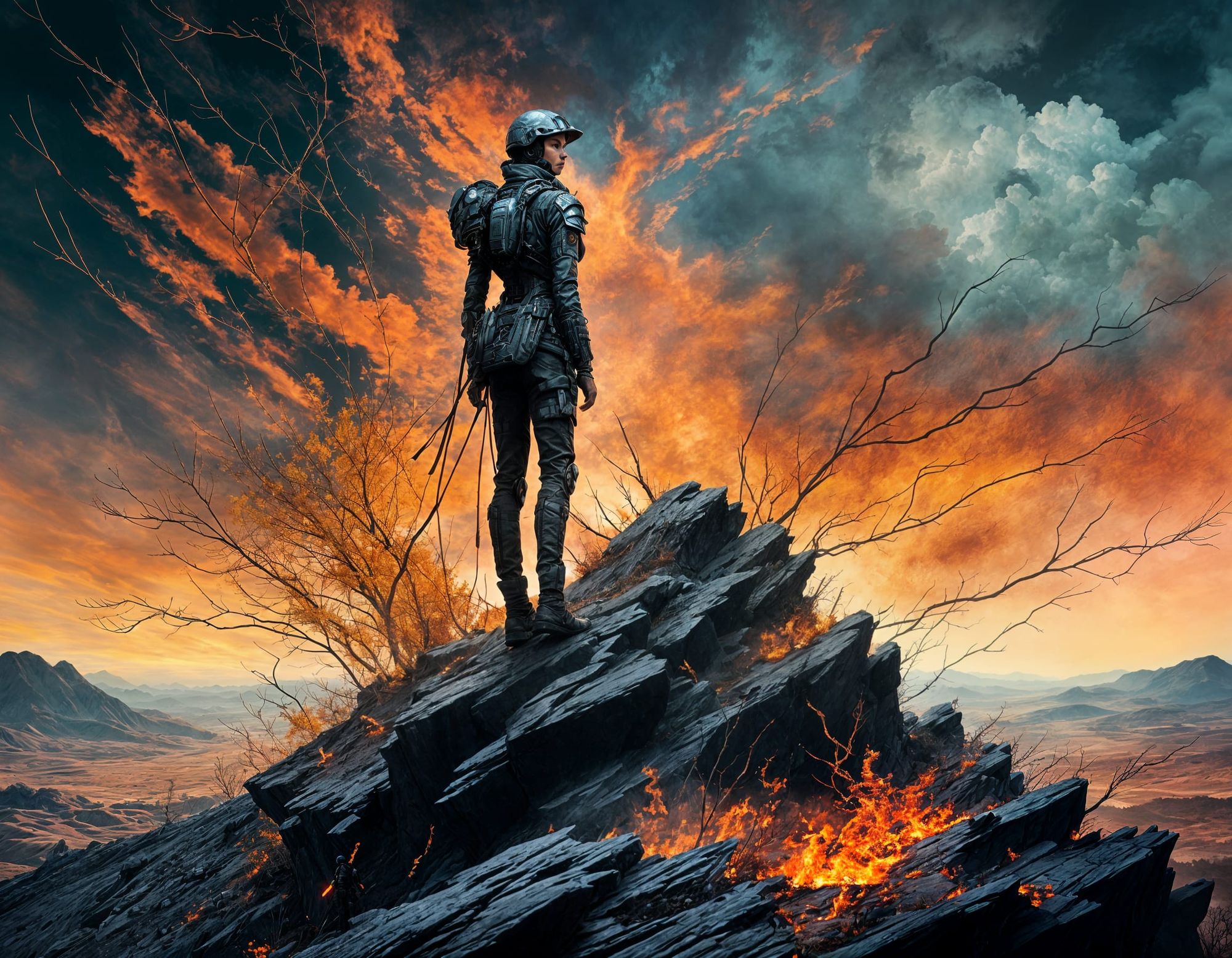 A futuristic soldier faces the camera on a hilltop with a fiery sky above her. She holds a (tattered standard 1.5)