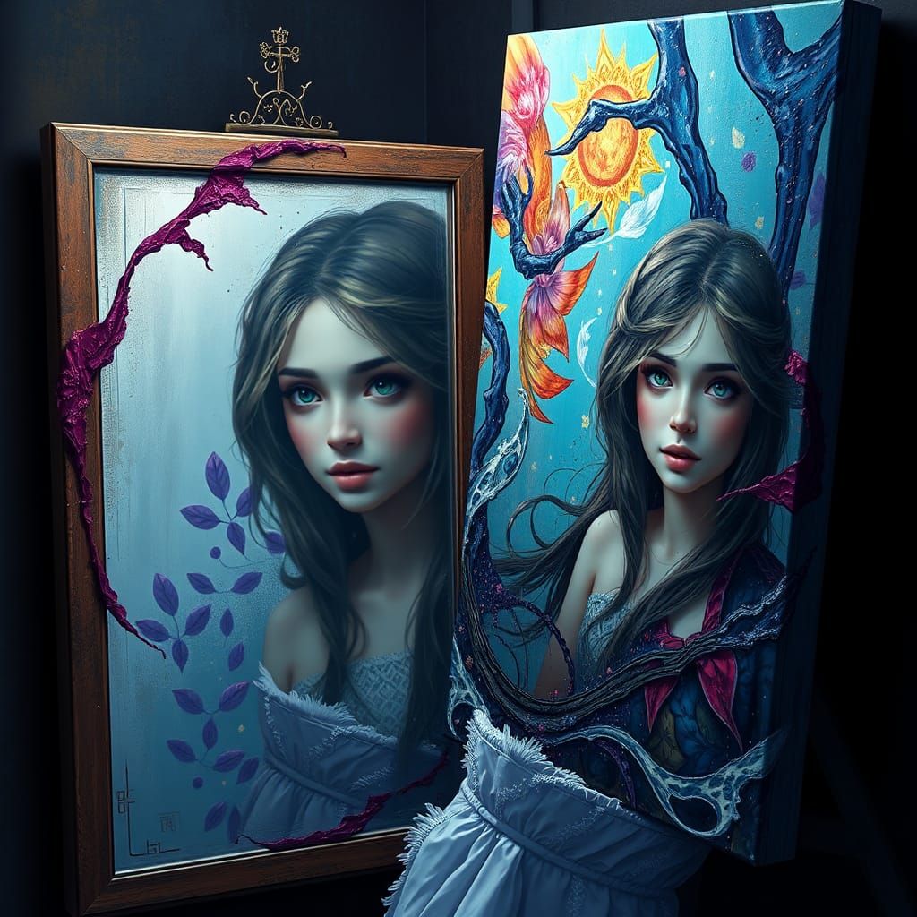 Girl Gazing at Canvas Reflection: Fantasy Art