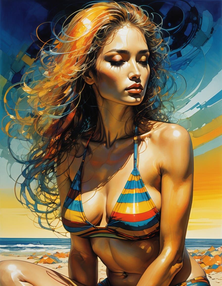 Pregnant Woman on Beach in Vibrant Abstract Art