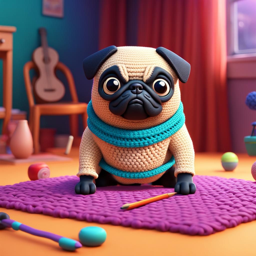a pug doing a crochet,  Pixar, Disney, concept art, 3d digit...
