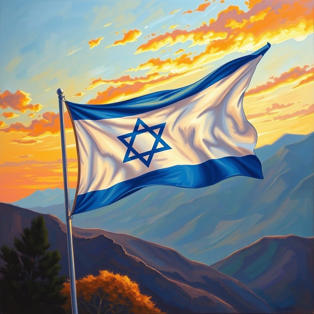 Israeli Flag at Sunset: An Oil Painting