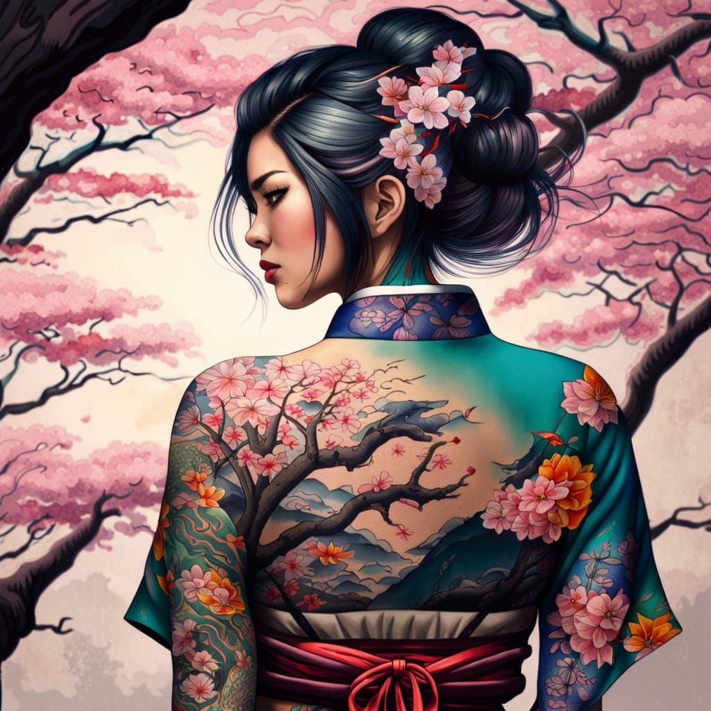 Fantasy kimono girl on a sakura trees background
