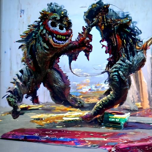 Happy monster and crazy person playing together