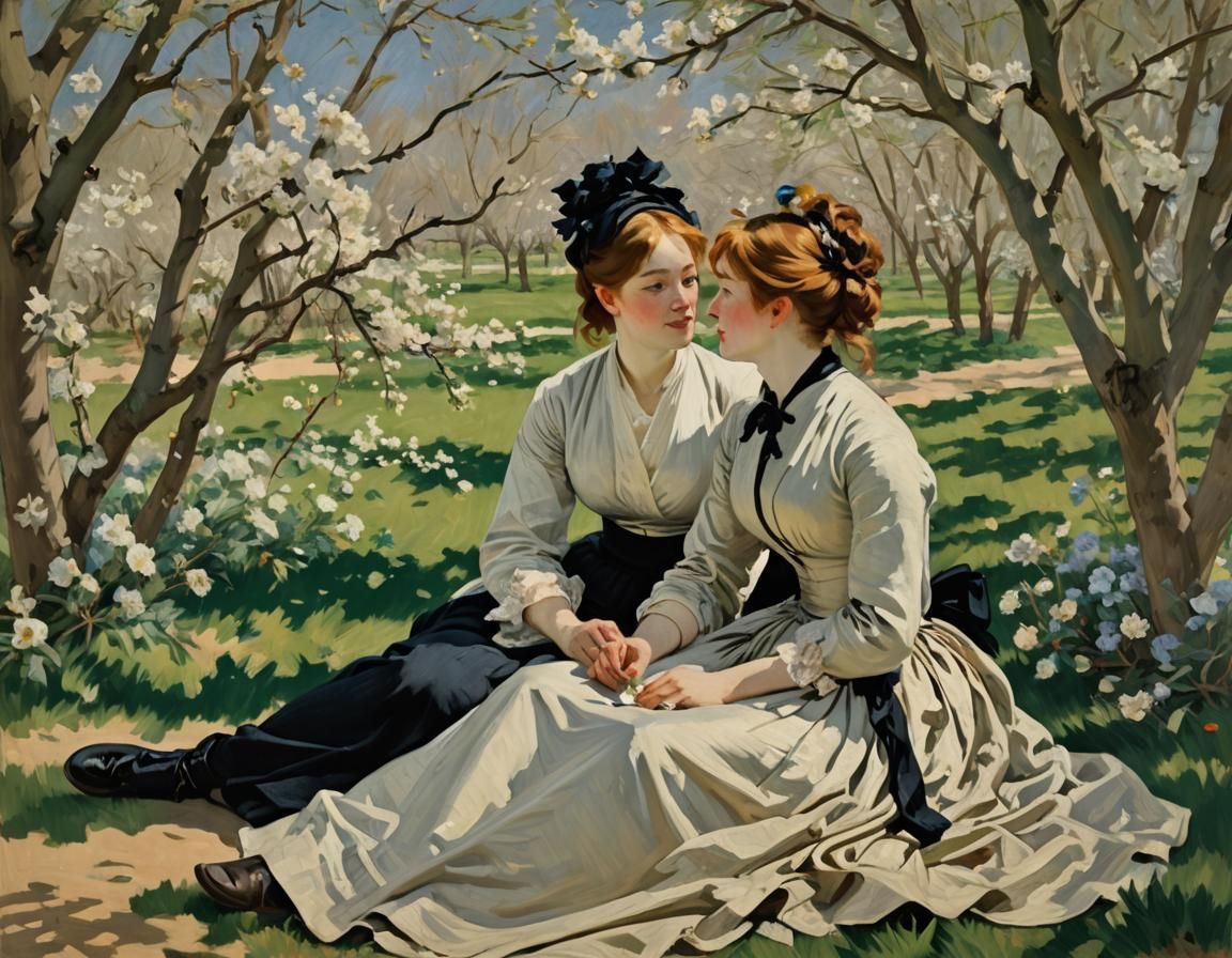 Art by Édouard Manet, amidst a blossoming cherry orchard, a ...