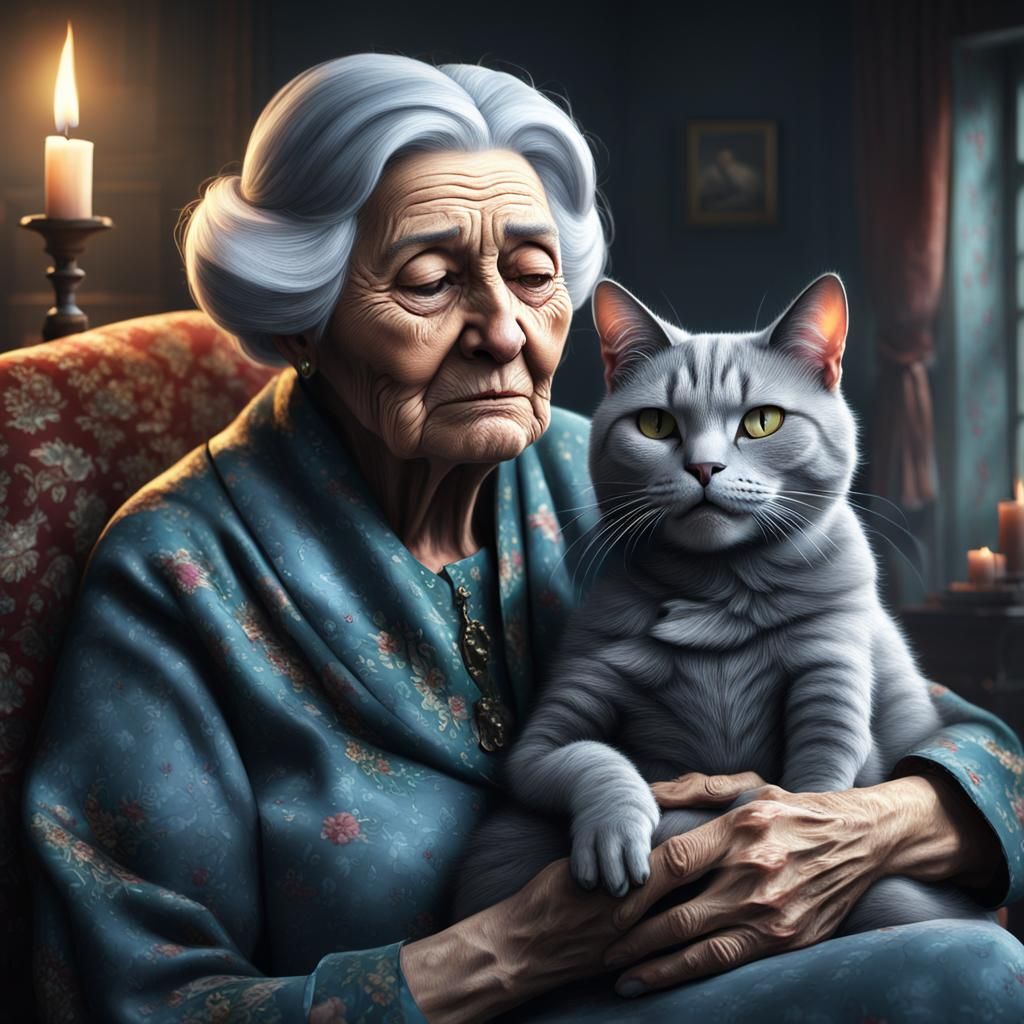 Sad granny with her cat