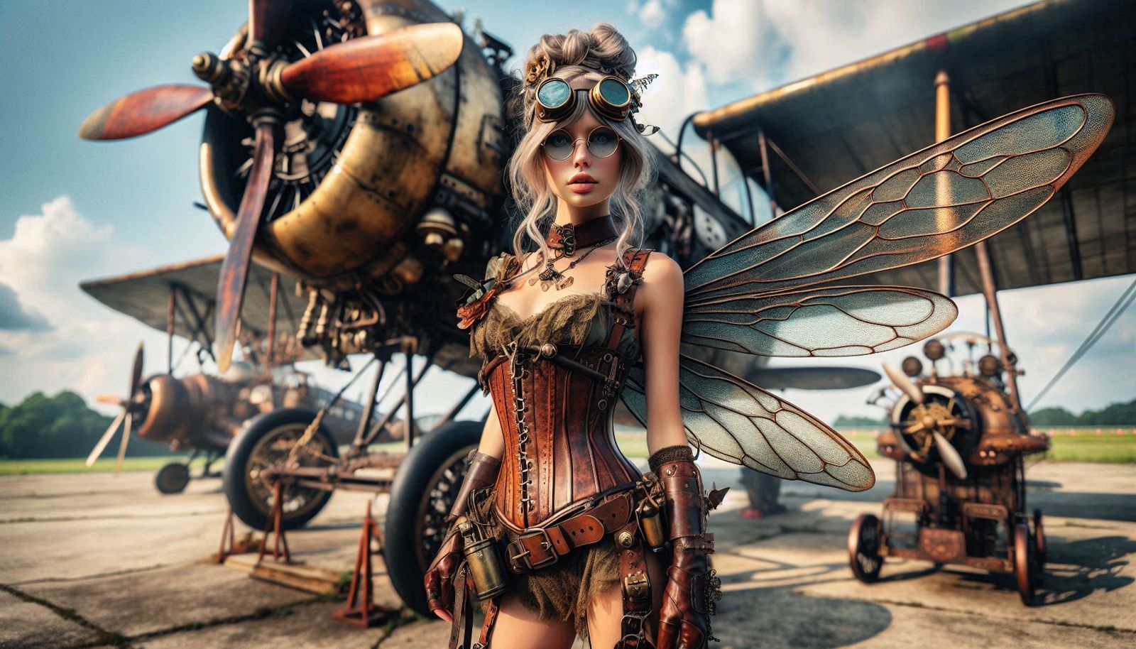 A Steampunk Elf Pilot and her Airplane