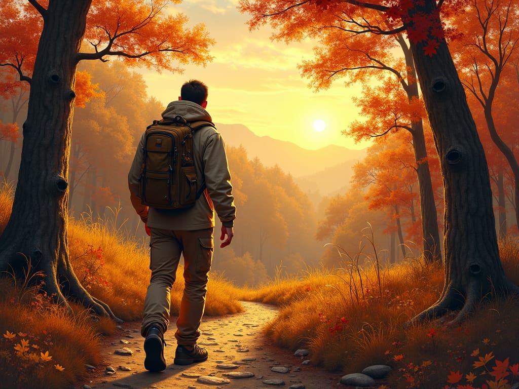 Man hiking in a forest in autumn.  by @Juergen