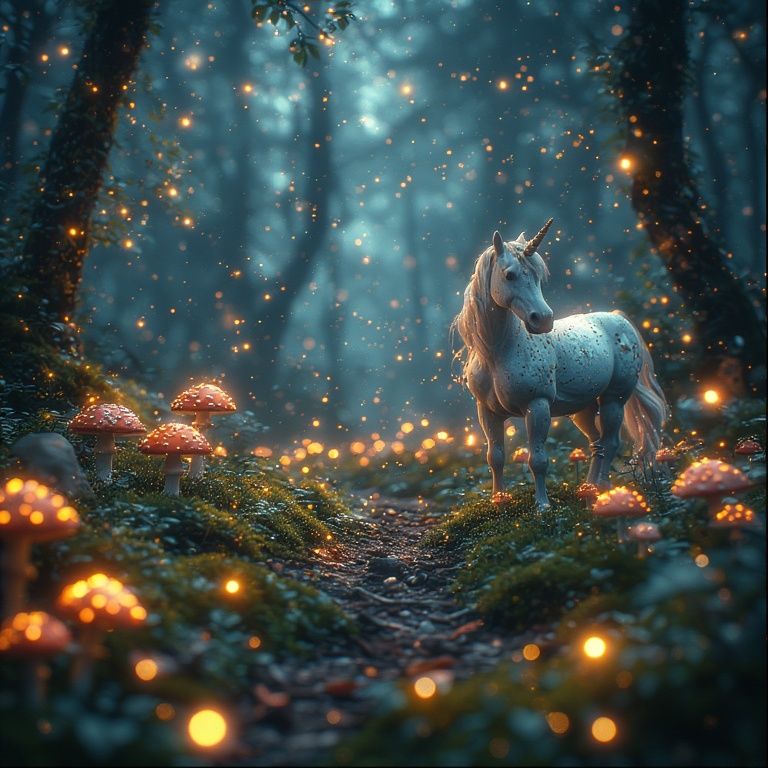 Unicorn in enchanted forest