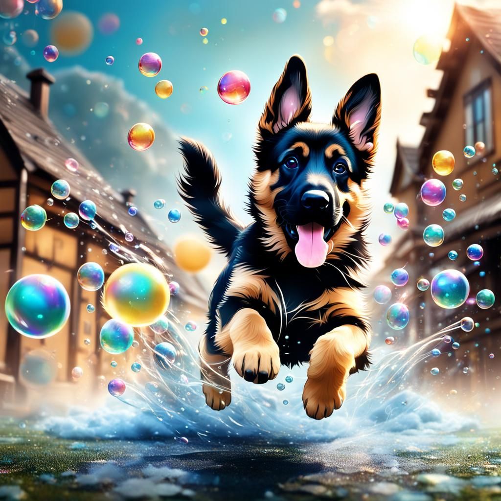 A super cute German Shepard puppy jumping around with bubble...