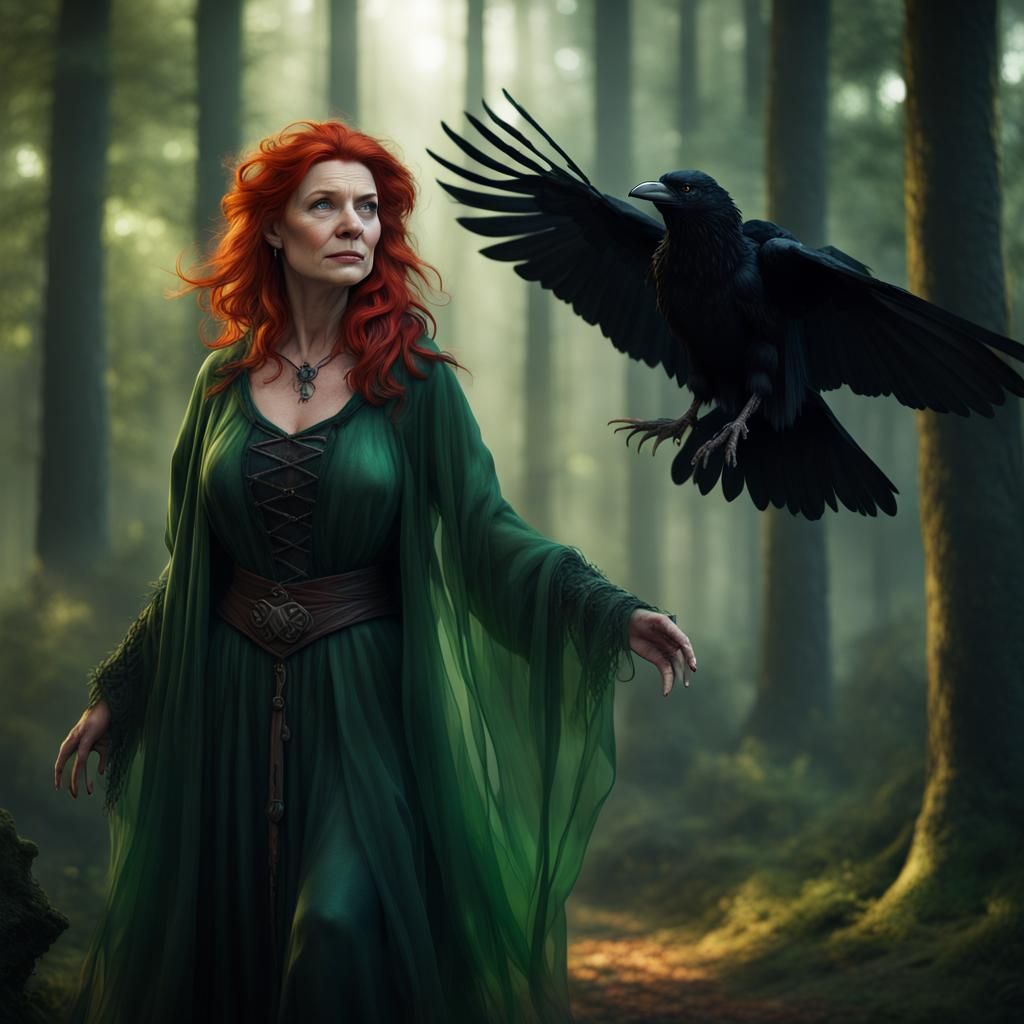 middle aged redheaded witch, no hat, green see through robes...