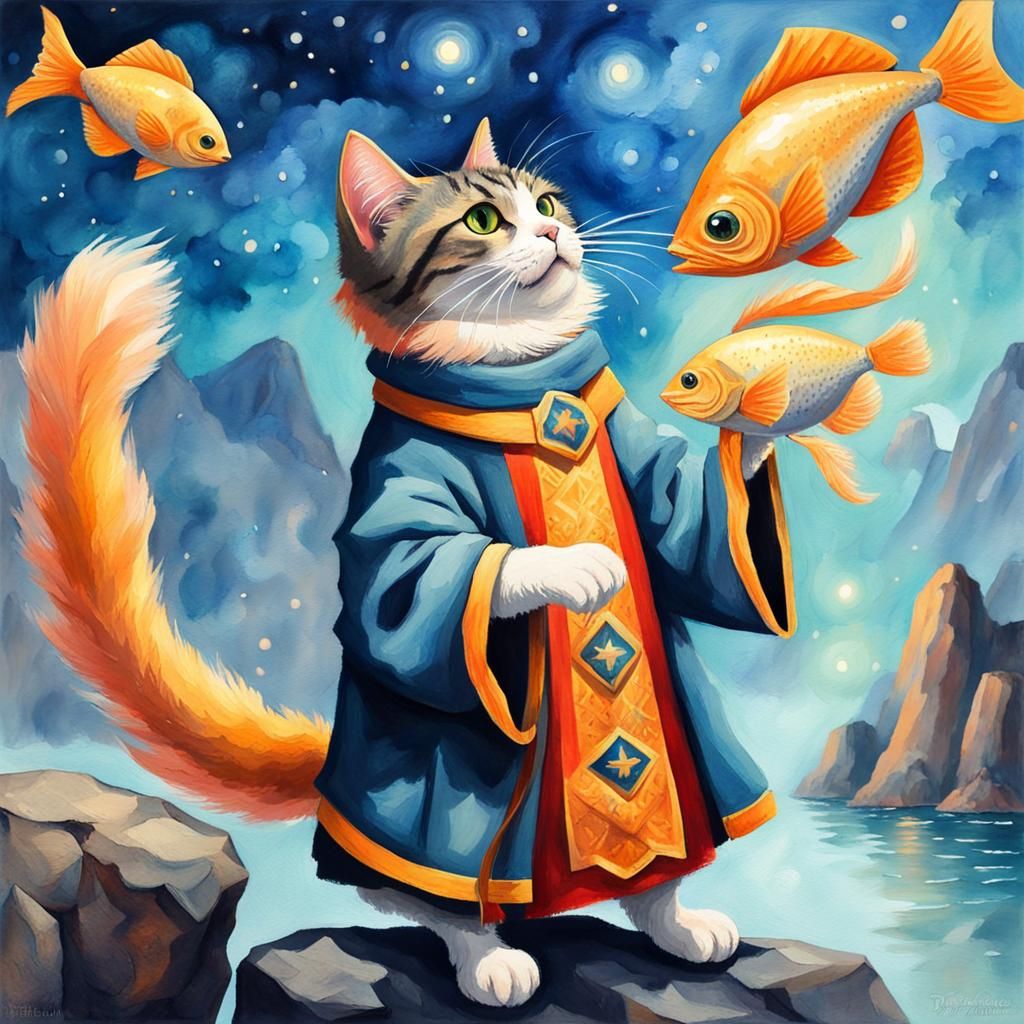A cat wizard conjuring fish from the sky against a rocky bac...