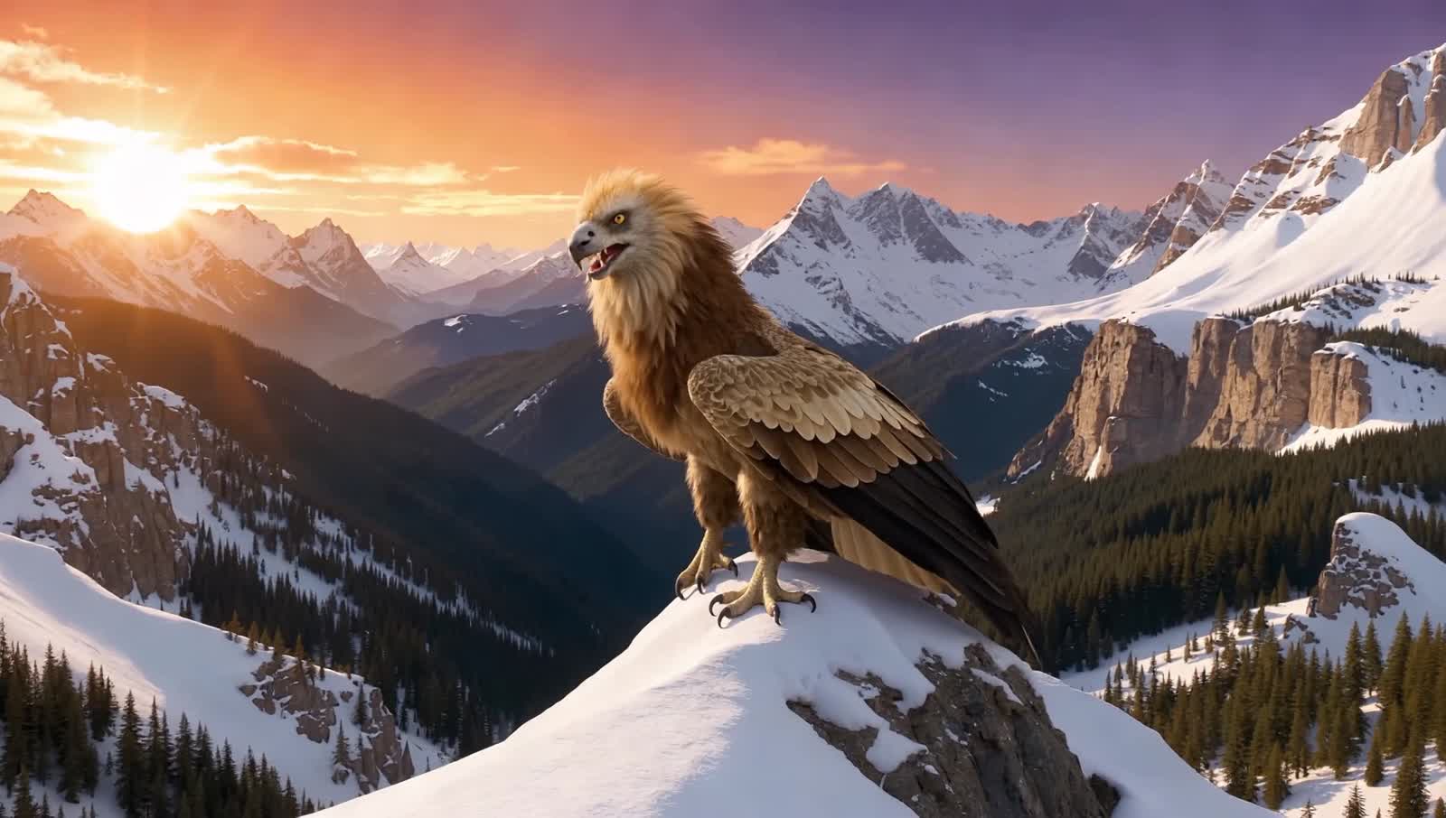 A majestic griffin perches atop a snow-capped mountain peak at sunset, its golden feathers shimmering in the fading ligh...