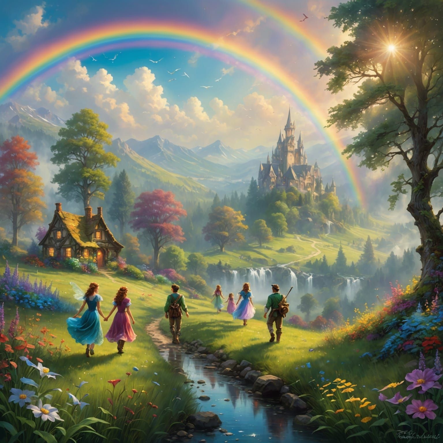 Fairies and elves walking through a meadow with rainbow back...