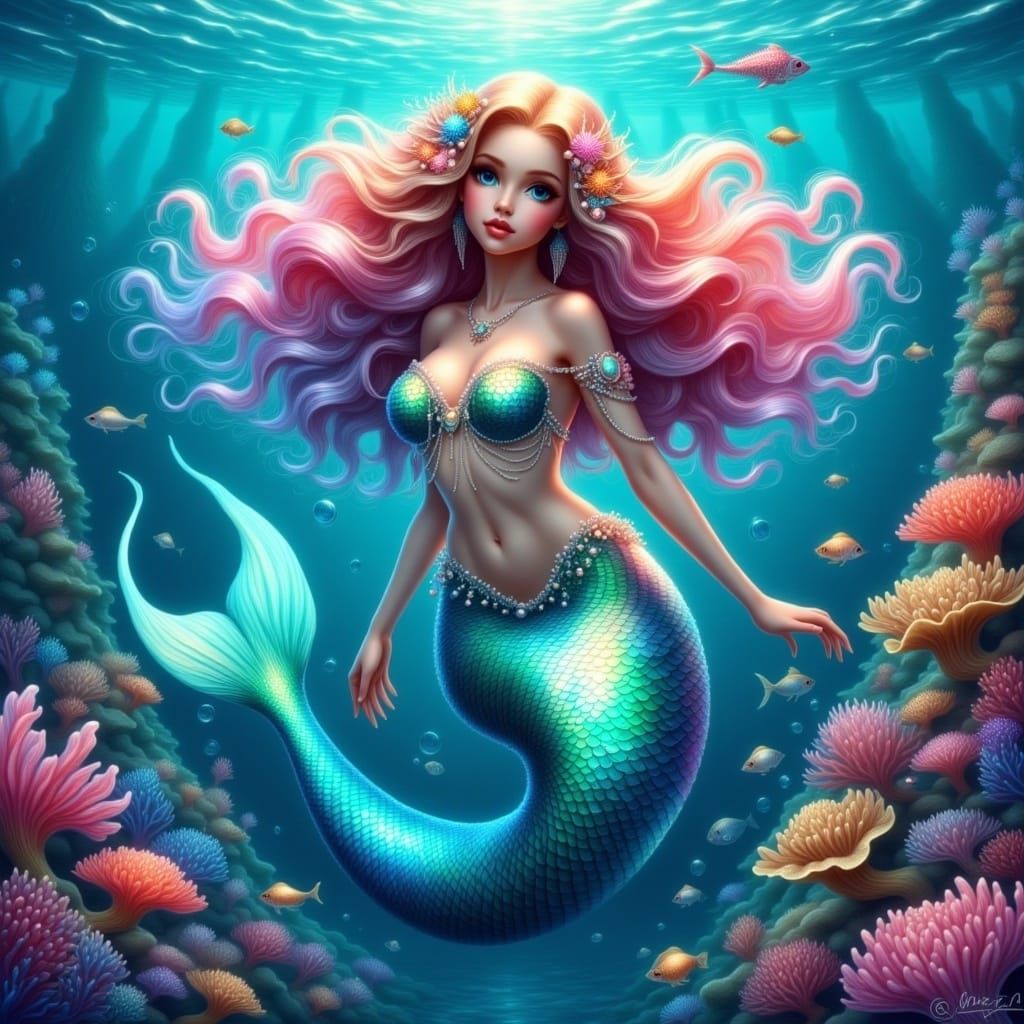 <lora:Flux Mermaid:1.0> realistic Beautiful mermaid, expressive detailed eyes, iridescent glittering colorful scales, rainbow hair with seas...