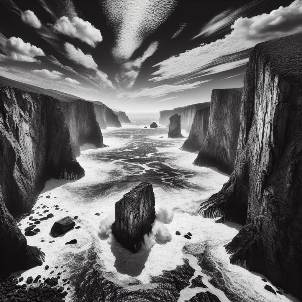 A dramatic coastal scene in black and white. Towering cliffs...