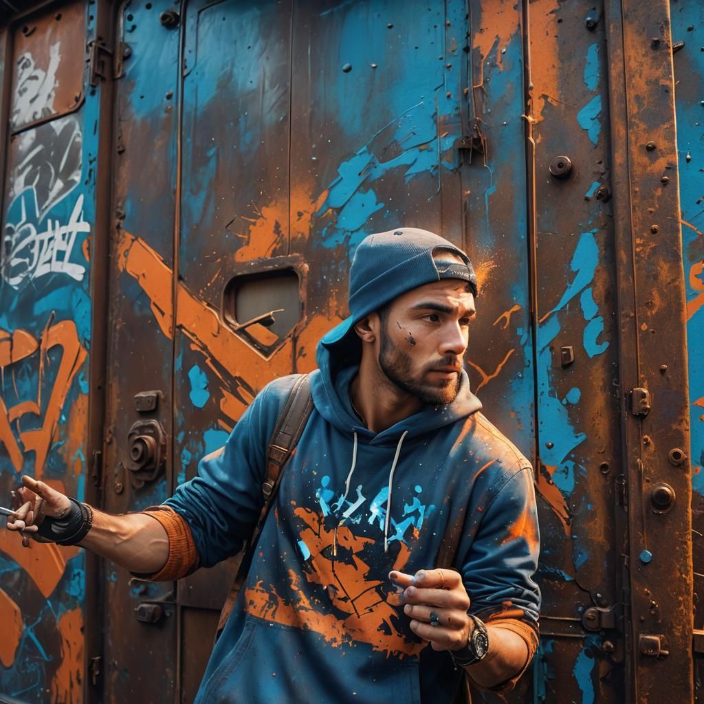 Street Artist Spraying Graffiti on Train Door