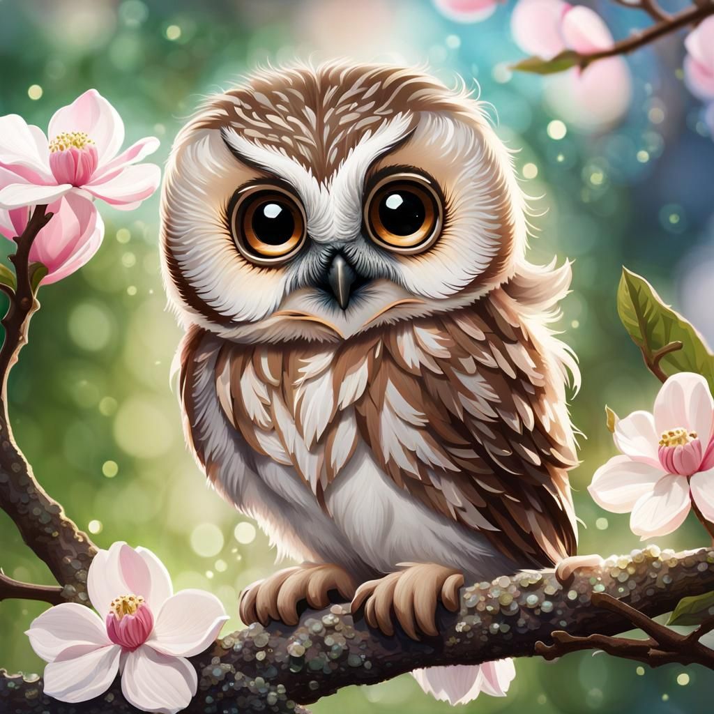 An adorable little owlet with magnolias