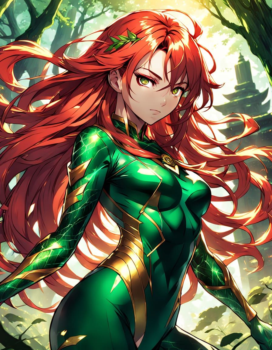 Heroic Anime Goddess in Emerald Green and Gold