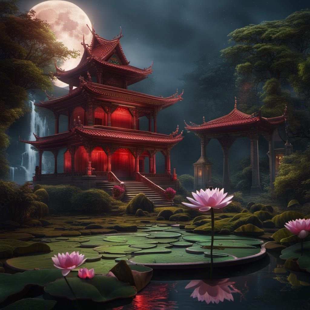 small red decorated temple with a small water lily pond and ...