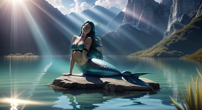 Create a photorealistic 3D render of a mermaid in a mountain...