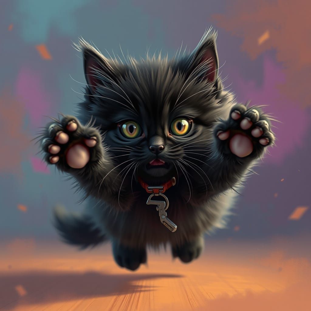fuzzy black persian kitten jumping at the screen attacking