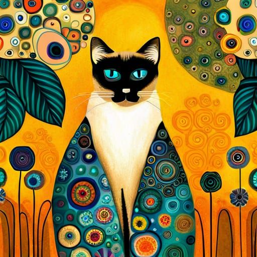 Siamese cat with Boho botanical repeating pattern colorful earth tones ...