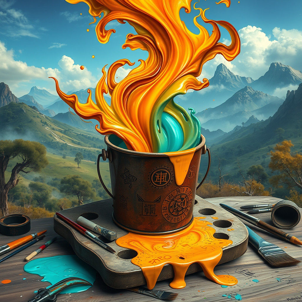a landscape pouring out of a paint bucket