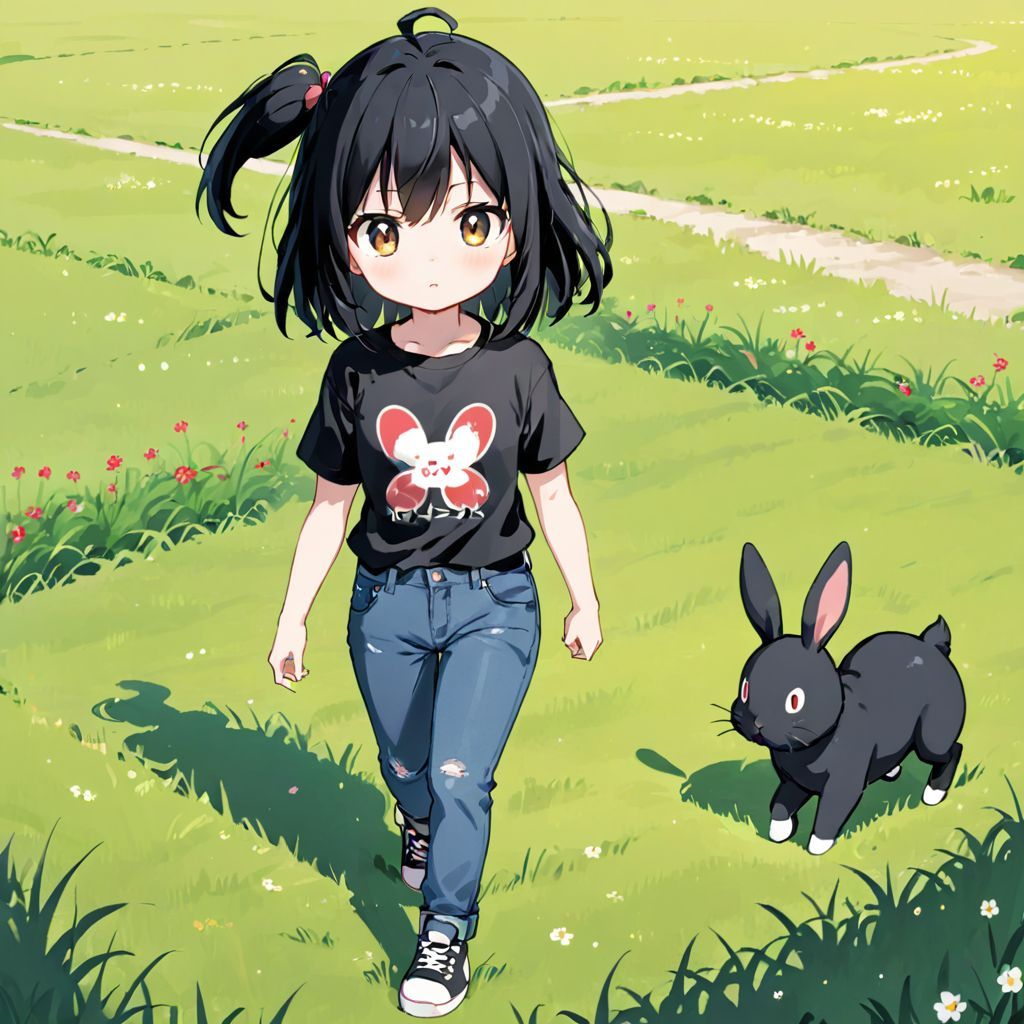 Moon and Akane walking with cats and rabbits
