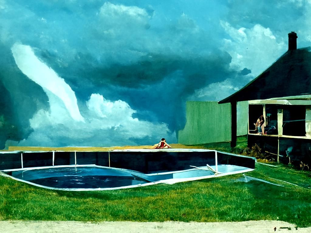 A 1950s backyard swimming pool with a large tornado in the d...