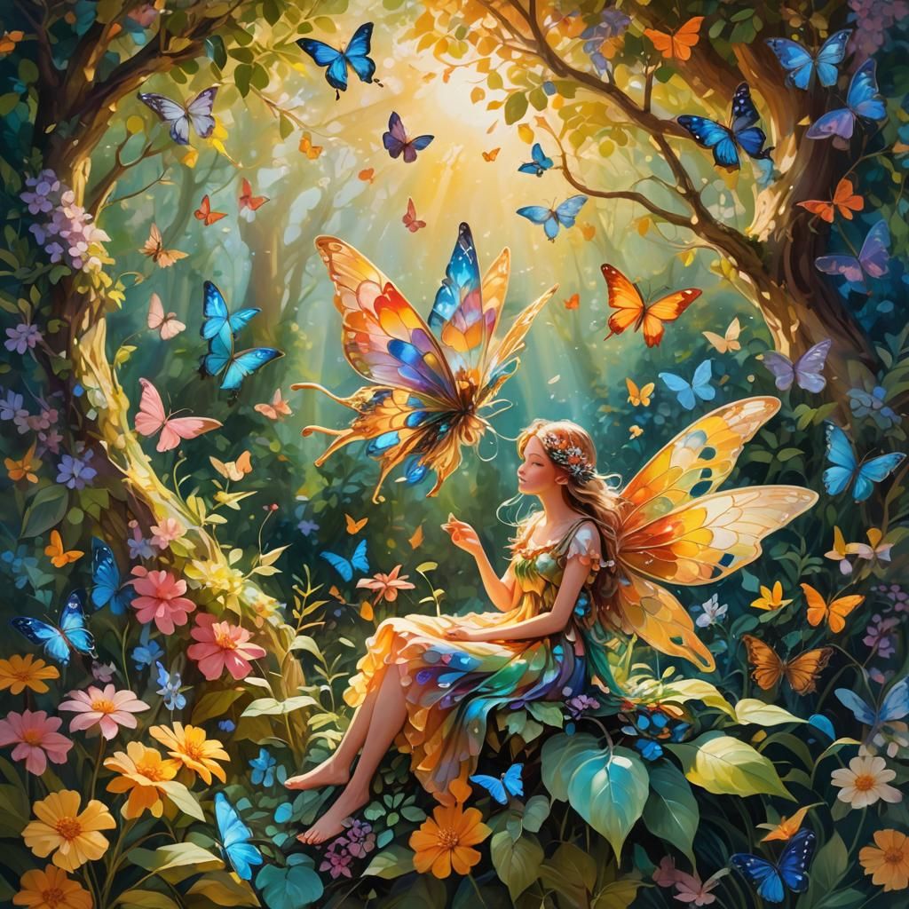 Fairy in Floral Garden, Art Nouveau Oil Painting