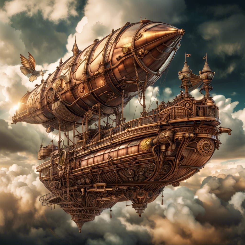 fantasy steampunk skyship with wings and sails in the clouds 2 - AI ...