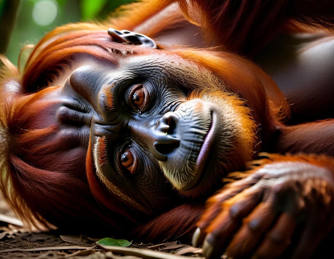 The face of an orangutan when it is resting