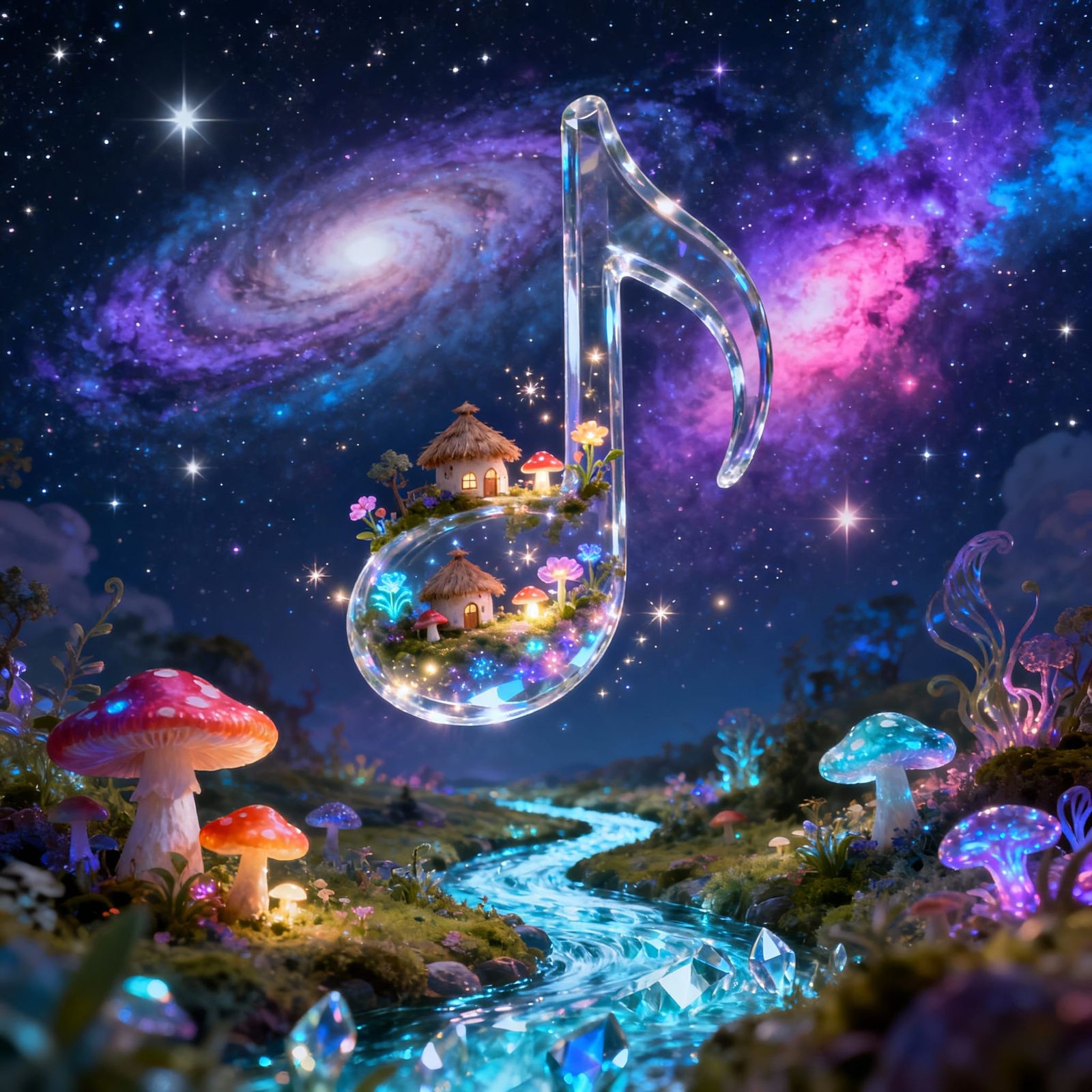 Giant Musical Note With Fantasy World In Starry Sky