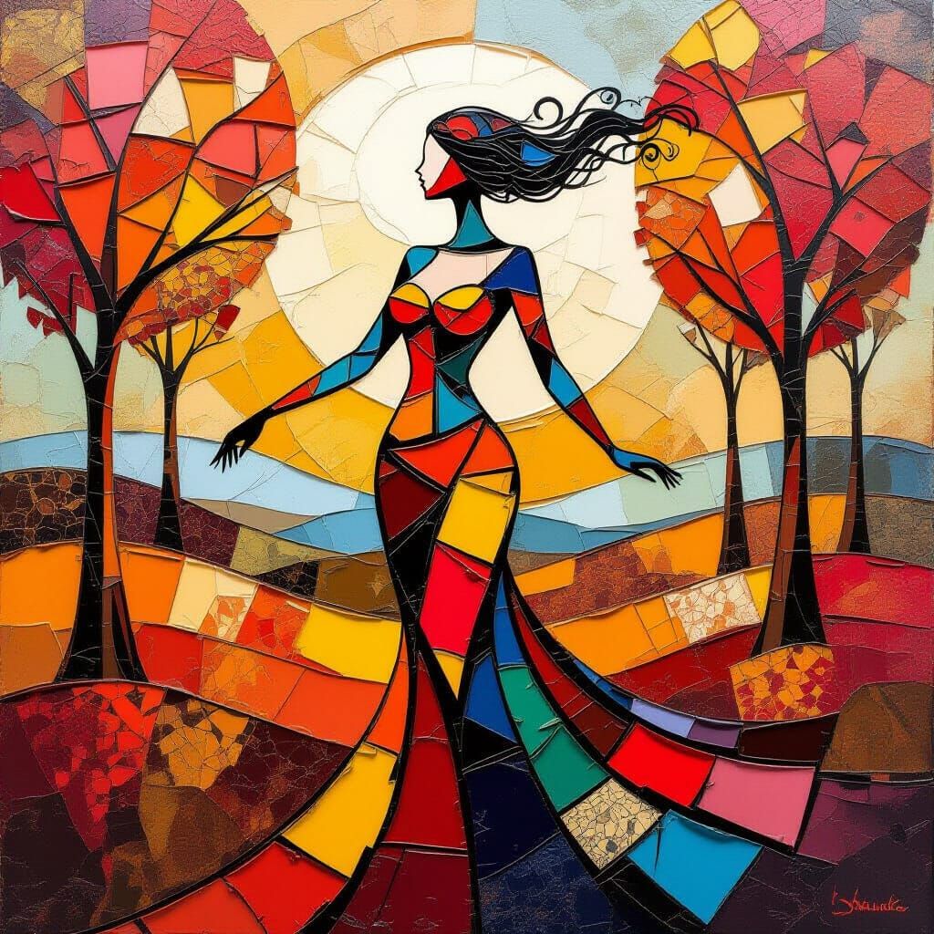 "She walks through autumn’s colors, a mosaic of light and grace."