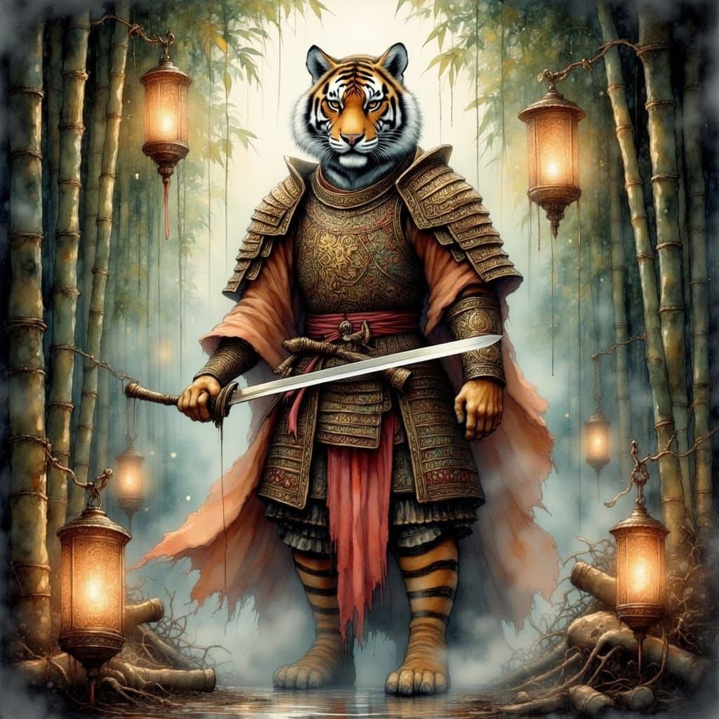 <lora:Ink Poet:1.0> A majestic tigress adorned in ornate samurai armor, standing guard at the entrance of a mystical bamboo forest. The armo...