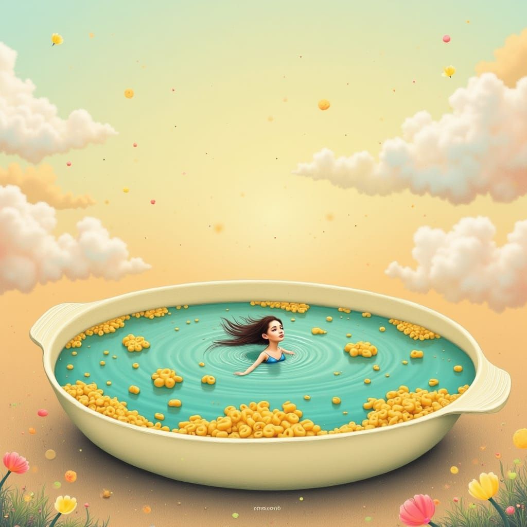 <lora:art:1.0> A digital illustration of a surreal pool inside a vintage Casserole dish, filled with mac and cheese. A tiny woman with flowi...